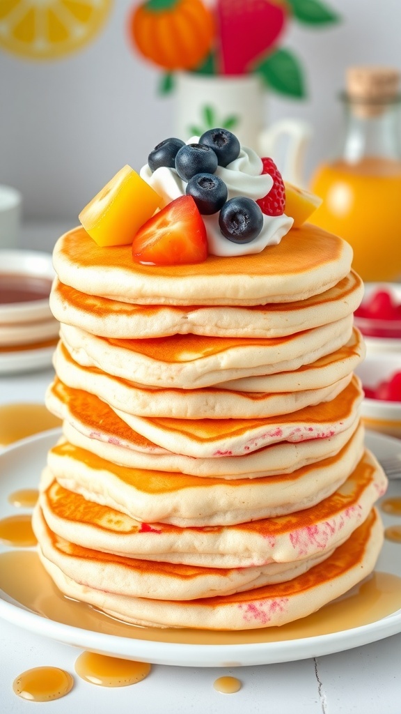 Fluffy 3D Pancakes Recipe A colorful stack of fluffy 3D pancakes topped with fruits and whipped cream on a breakfast table.